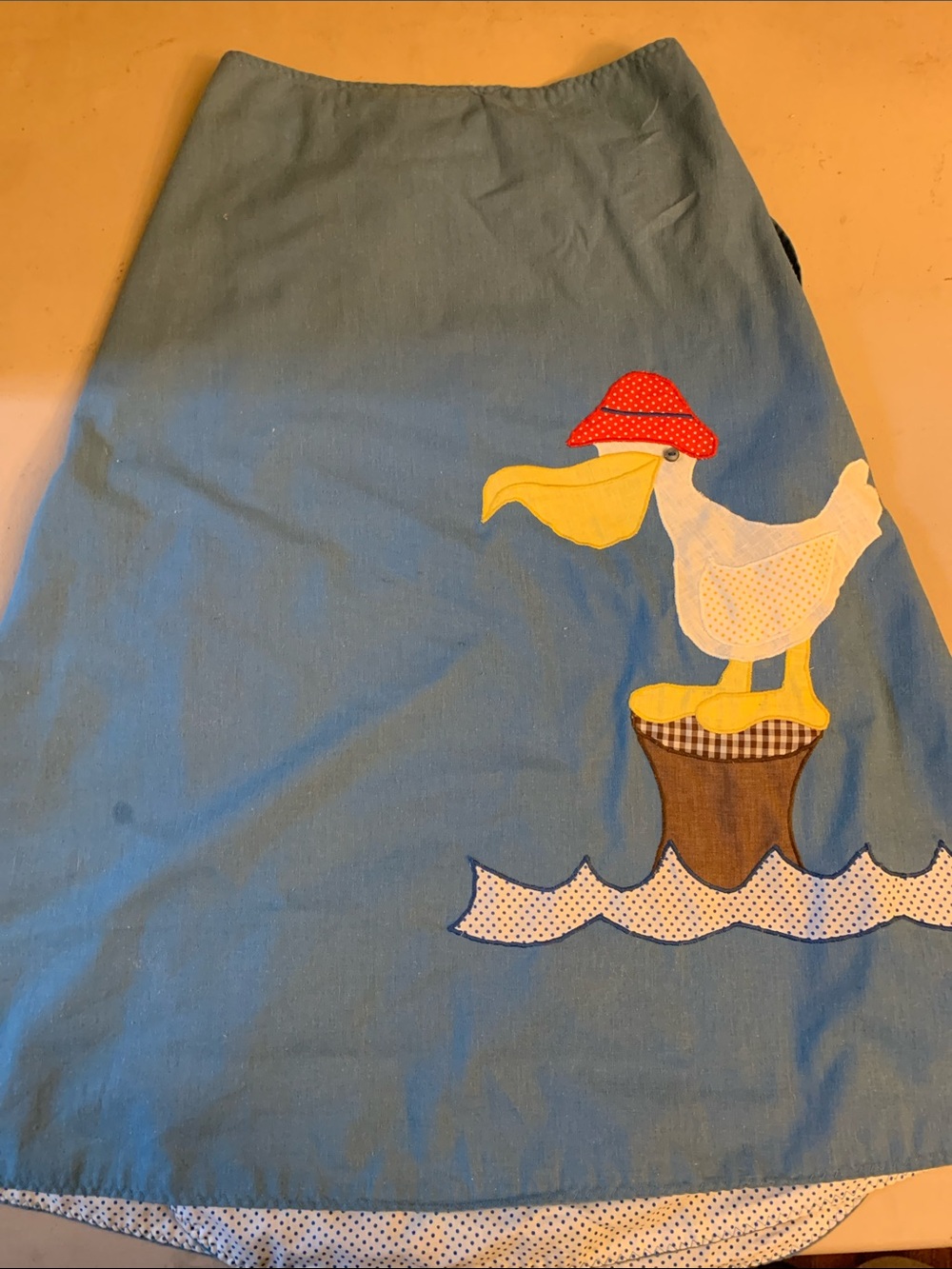 Vintage Blue wrap Skirt with Playful Pelican Appliqué